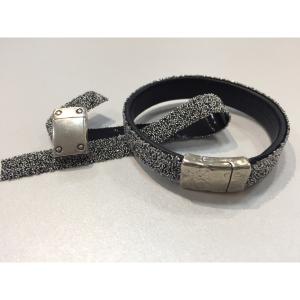 10mm leather flat cord with Crystal Fabric band bracelet 